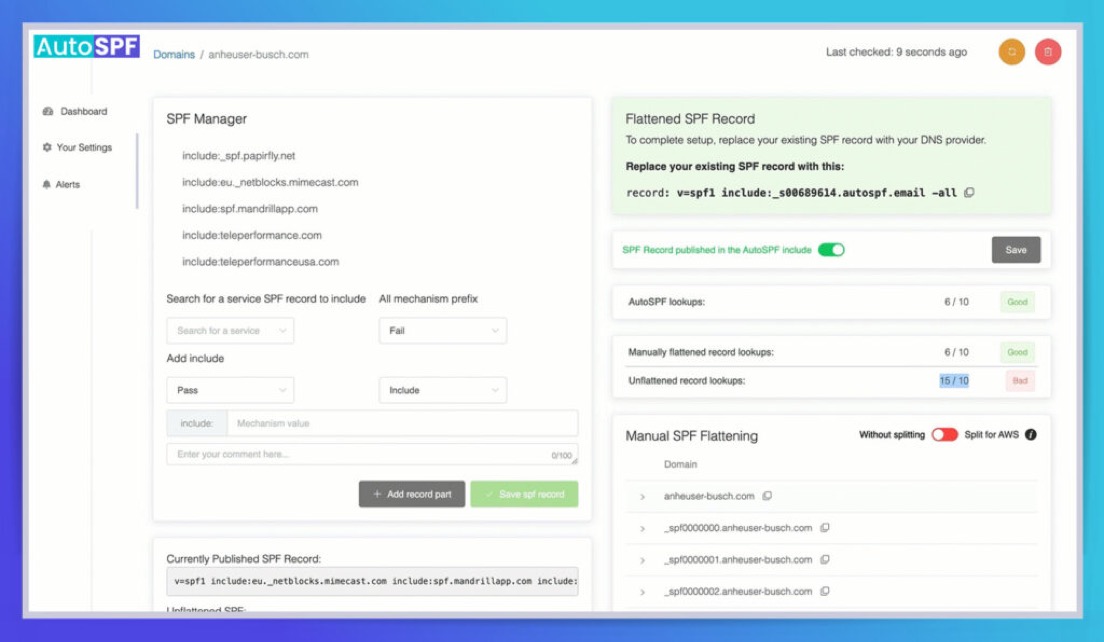 AutoSPF dashboard showing SPF record management and DNS lookup optimization