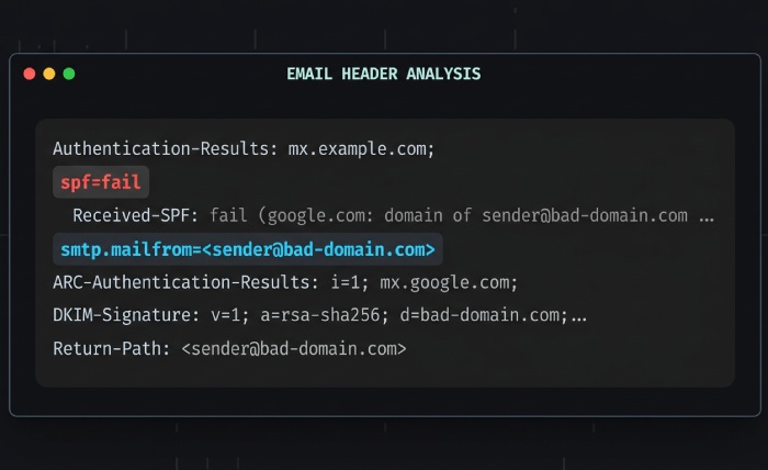 Email header analysis for SPF failures