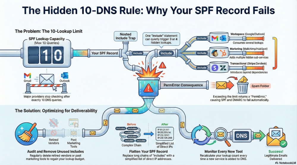 Sender Policy Framework (SPF), specifically focusing on the 10-DNS lookup limit