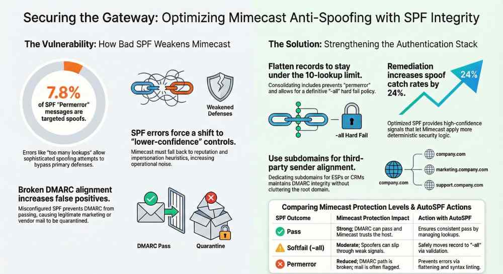 How does an incorrect SPF record affect my protection in Mimecast against spoofing? 4 Anti-spoofing