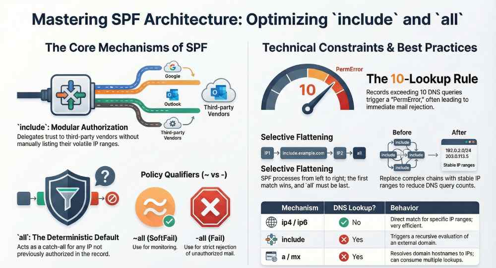 Why does SPF record syntax include mechanisms like "include" and "all"? 6 kitterman spf 0077