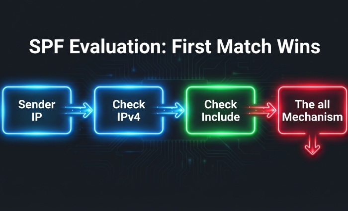 Why does SPF record syntax include mechanisms like "include" and "all"? 4 SPF Evaluation
