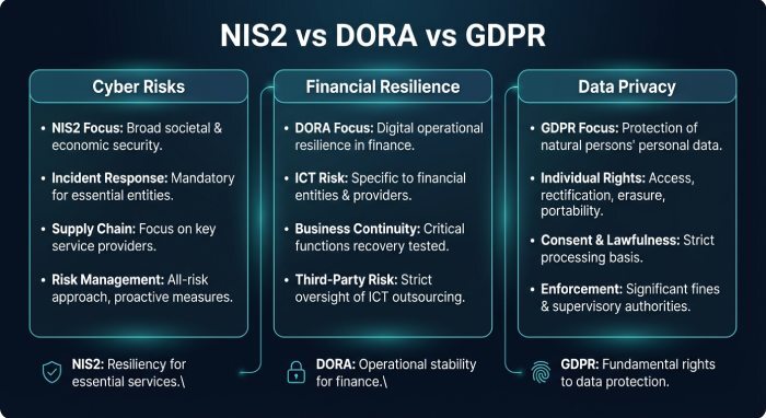 NIS2 vs DORA vs GDPR